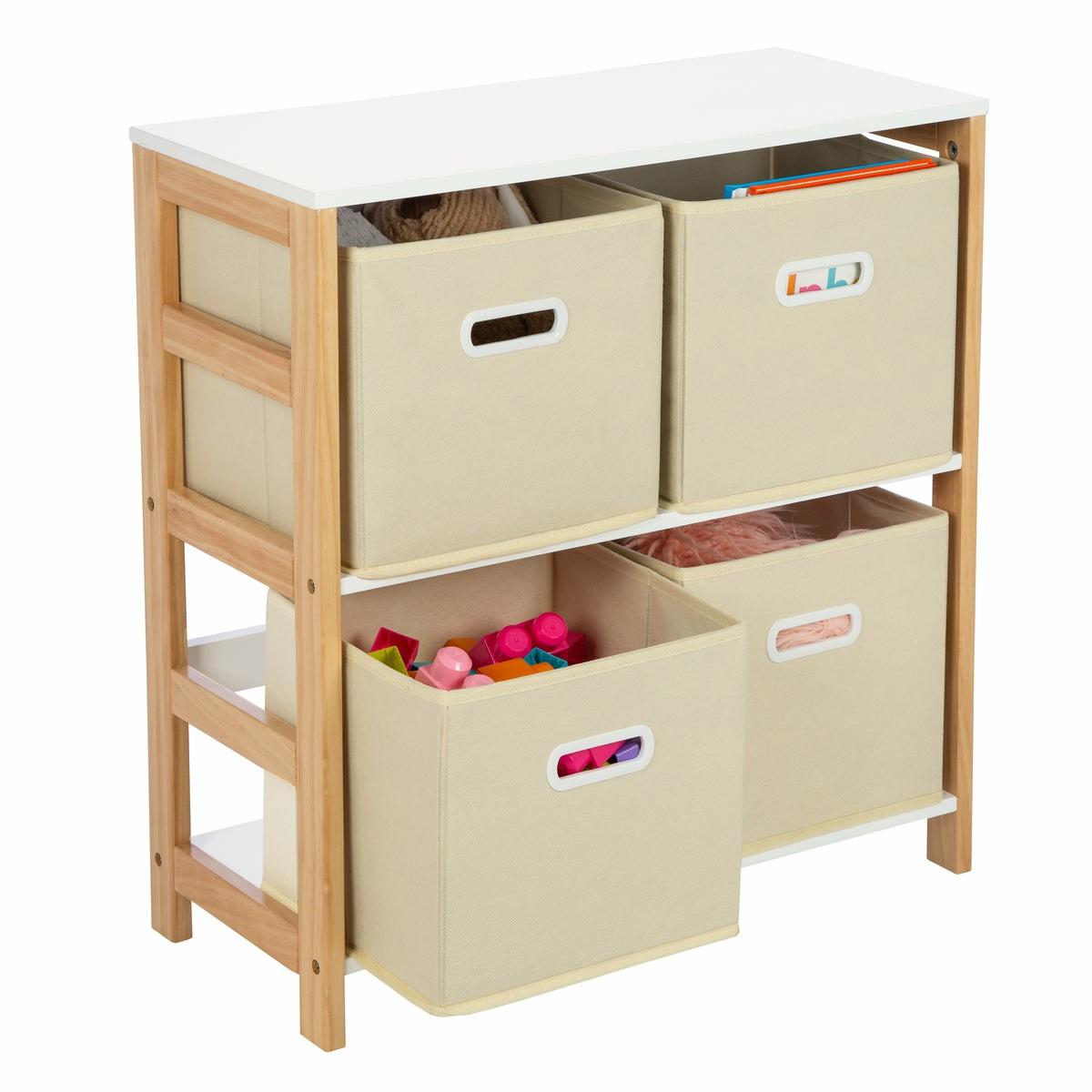 White/Natural 4-Bin Kids Playroom Organizer Home Décor