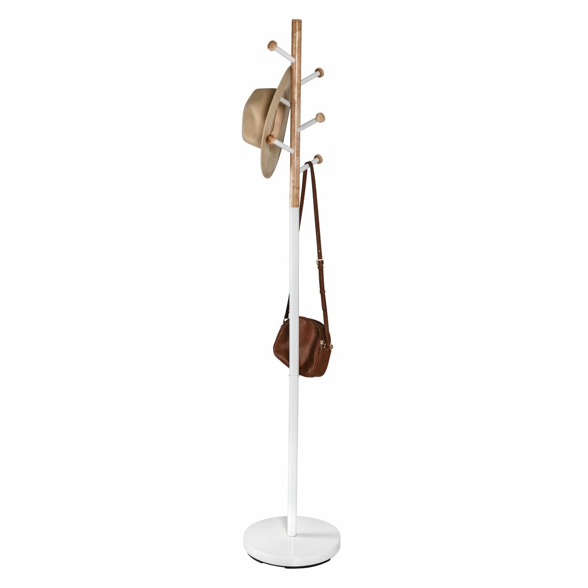 White/Natural Freestanding Modern Coat Rack With 6 Hooks Entryway Furniture