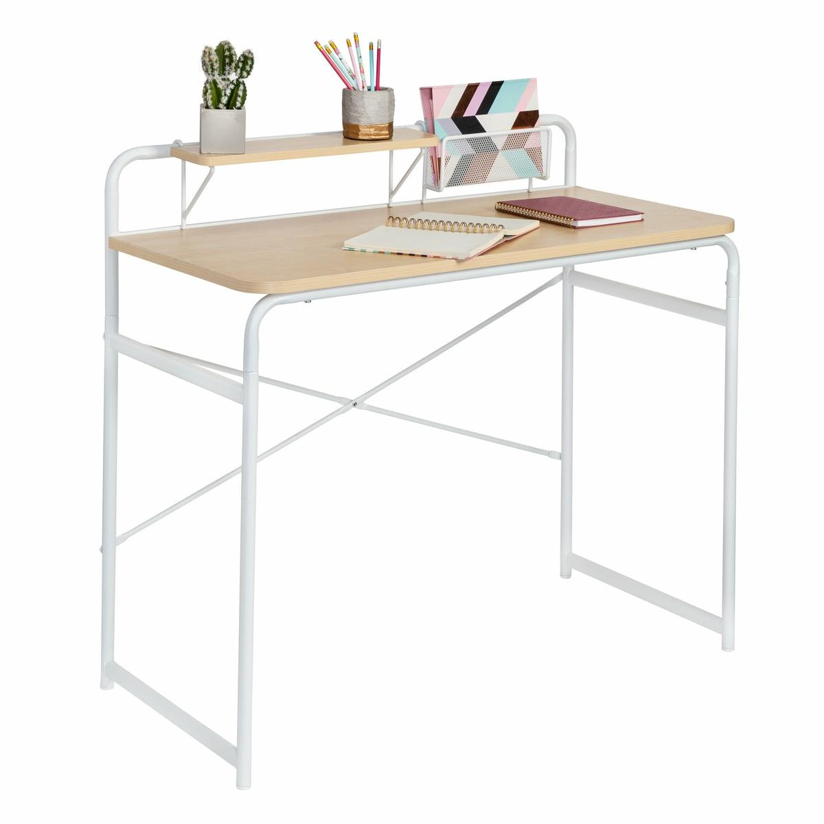 White/Natural Home Office Desk With Shelf And Basket Desks, Laptop Desks, & Accessories