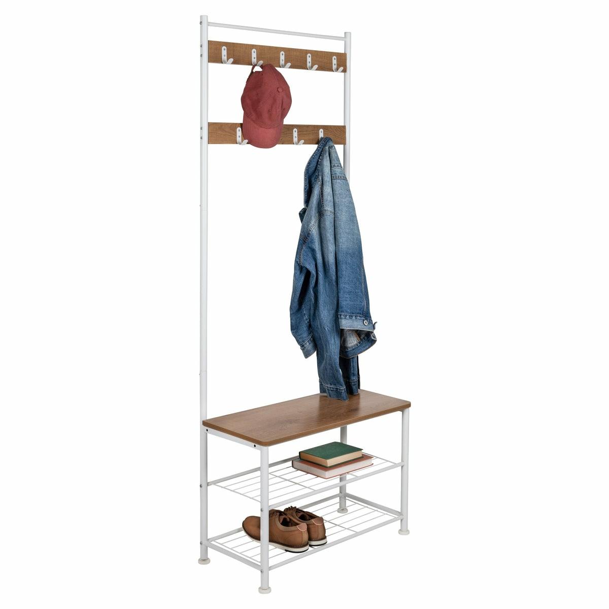 White/Walnut Entryway Hall Tree With Bench And Shoe Storage Entryway Furniture