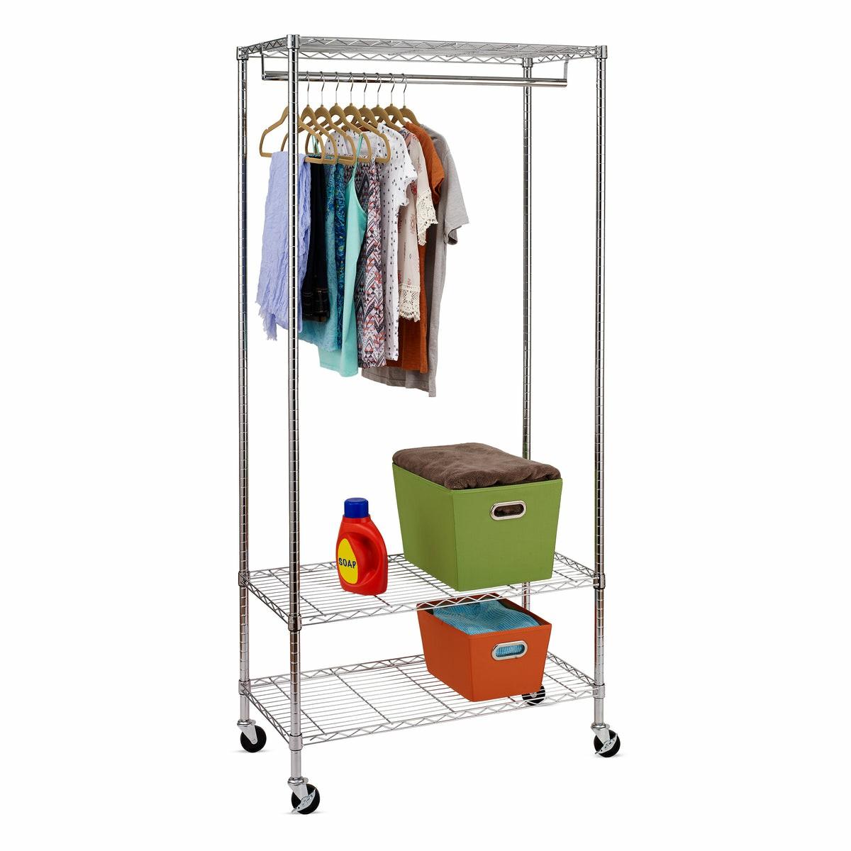 Chrome 3-Shelf Deluxe Rolling Clothes Rack Closet