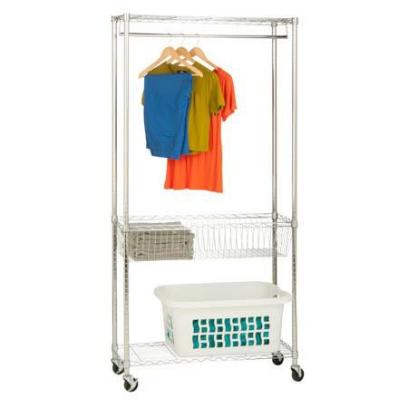 Chrome Rolling Laundry Station With Hanging Bar, Basket, And Shelves Closet