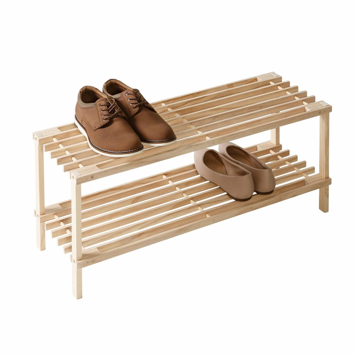 Natural 2-Tier Wood Shoe Rack Closet